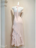 Niulatu Pink V-neck Sheath Chiffon Prom Dresses Elegant Birthday Evening Gowns with Ruffles HZ1031