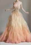 Niulatu Gradient Orange Strapless A-Line Tulle Long Prom Dresses Evening Gowns for Quincea?era HZ1031