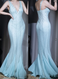Niulatu Blue V Neck Mermaid Evening Dress Elegant Beaded Chiffon Long Prom Dresses HZ1031