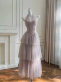 Niulatu Light Purple V-Neck A-Line Layered Tulle Point Long Prom Dresses Sweet 16 Evening Dress HZ1031