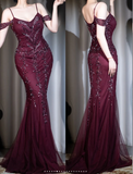 Niulatu Spaghetti Straps Mermaid Vintage Long Evening Dress Chiffon Prom Dresses with Beading HZ1031