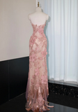 Niulatu Pink Strapless Mermaid Evening Gowns with Embroidered Appliques Stunning Prom Dresses with Beading HZ1031
