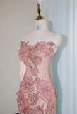 Niulatu Pink Strapless Mermaid Evening Gowns with Embroidered Appliques Stunning Prom Dresses with Beading HZ1031