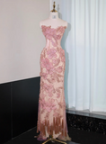Niulatu Pink Strapless Mermaid Evening Gowns with Embroidered Appliques Stunning Prom Dresses with Beading HZ1031