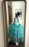 Niulatu Turquoise Square Neck A-Line Layered Tulle Long Prom Dress for Graduation Prom & Quincea?era HZ1031