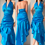 Niulatu Blue Halter Neck Sheath Layered Satin Prom Dresses Vintage Evening Gowns HZ1031