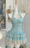 Niulatu Blue Plaid Halter A-Line Short Dress Outdoor Party Outfit HZ1031