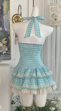 Niulatu Blue Plaid Halter A-Line Short Dress Outdoor Party Outfit HZ1031