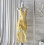 Niulatu Butter Yellow Halter Neck A-Line Lace Short Party Dress Simple Evening Dress HZ1031
