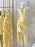 Niulatu Butter Yellow Halter Neck A-Line Lace Short Party Dress Simple Evening Dress HZ1031