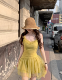 Niulatu Yellow Strap Tulle Short Summer Dress HZ1031