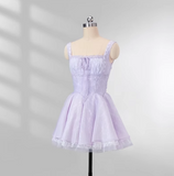 Niulatu Purple Square Neck A-Line Tulle Short Evening Dress for Birthday Cute Homecoming Dress HZ1031