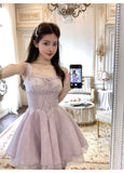 Niulatu Purple Square Neck A-Line Tulle Short Evening Dress for Birthday Cute Homecoming Dress HZ1031