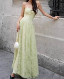 Niulatu Green Strapless A-Line Tulle Lace Long Evening Gown Birthday Party Dress HZ1031