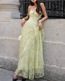 Niulatu Green Strapless A-Line Tulle Lace Long Evening Gown Birthday Party Dress HZ1031