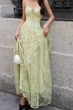 Niulatu Green Strapless A-Line Tulle Lace Long Evening Gown Birthday Party Dress HZ1031