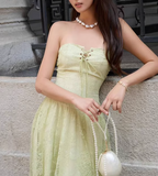 Niulatu Green Strapless A-Line Tulle Lace Long Evening Gown Birthday Party Dress HZ1031