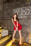 Niulatu Red Strapless Sheath Layered Satin Short Prom Dresses Outdoor Party Outfit HZ1031