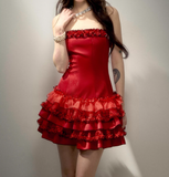Niulatu Red Strapless Sheath Layered Satin Short Prom Dresses Outdoor Party Outfit HZ1031