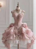 Niulatu Pink Spaghetti Straps A-Line Lolita Tulle Lace Prom Dresses with Beading HZ1031