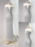 Niulatu Silver Grey Strapless Sheath Sequin Wedding Dress with Veil, Formal Elegant Evening Gown HZ1031