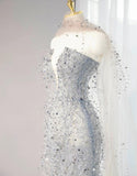 Niulatu Silver Grey Strapless Sheath Sequin Wedding Dress with Veil, Formal Elegant Evening Gown HZ1031
