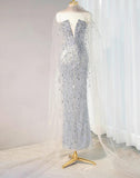 Niulatu Silver Grey Strapless Sheath Sequin Wedding Dress with Veil, Formal Elegant Evening Gown HZ1031