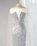 Niulatu Silver Grey Strapless Sheath Sequin Wedding Dress with Veil, Formal Elegant Evening Gown HZ1031