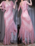 Niulatu Pink V Neck Sheath Beaded Chiffon Prom Dresses Retro Evening Dress with Veil, Formal Elegant Evening Gown HZ1031