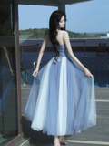 Niulatu Sweetheart Grey Blue A-Line Tulle Long Prom Dresses Sweet 20 Evening Gowns HZ1031