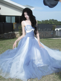 Niulatu Sweetheart Grey Blue A-Line Tulle Long Prom Dresses Sweet 20 Evening Gowns HZ1031