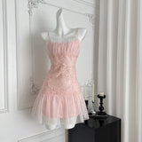 Niulatu Pink Spaghetti Straps A-Line Tulle Lace Short Birthday Dress Outdoor Party Outfit HZ1031