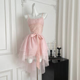 Niulatu Pink Spaghetti Straps A-Line Tulle Lace Short Birthday Dress Outdoor Party Outfit HZ1031