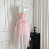 Niulatu Pink Spaghetti Straps A-Line Tulle Lace Short Birthday Dress Outdoor Party Outfit HZ1031