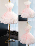 Niulatu Pink Strapless A-Line Tulle Applique Short Prom Dresses Gorgeous Homecoming Dress HZ1031