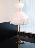 Niulatu Pink Strapless A-Line Tulle Applique Short Prom Dresses Gorgeous Homecoming Dress HZ1031