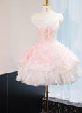 Niulatu Pink Strapless A-Line Tulle Applique Short Prom Dresses Gorgeous Homecoming Dress HZ1031