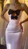 Niulatu Pink Strapless Bodycon Satin Prom Dresses Formal Evening Gowns with Bow HZ1031