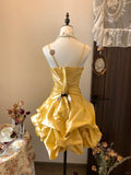 Niulatu Gold Spaghetti Straps A-Line Satin Short Prom Dresses Elegant Homecoming Dress HZ1031