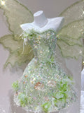 Niulatu Green Strapless A-Line Tulle Beaded Short Prom Dresses Fairytale Dress for Events HZ1031