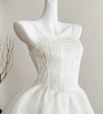 Niulatu White Spaghetti Straps A-Line Tulle Beaded Short Prom Dresses Sweet 16 Dresses HZ1031