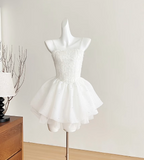 Niulatu White Spaghetti Straps A-Line Tulle Beaded Short Prom Dresses Sweet 16 Dresses HZ1031