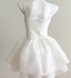 Niulatu White Spaghetti Straps A-Line Tulle Beaded Short Prom Dresses Sweet 16 Dresses HZ1031