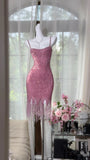 Niulatu Pink Spaghetti Straps Bodycon Beaded Sequin Short Prom Dresses HZ1031