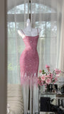 Niulatu Pink Spaghetti Straps Bodycon Beaded Sequin Short Prom Dresses HZ1031