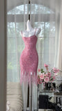 Niulatu Pink Spaghetti Straps Bodycon Beaded Sequin Short Prom Dresses HZ1031