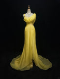 Niulatu Yellow Spaghetti Straps Sheath Tulle Long Prom Dresses Formal Evening Gowns HZ1031