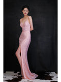 Niulatu Pink V Neck Sheath Sequin Long Prom Dresses Formal Evening Dress with Slits HZ1031