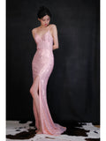 Niulatu Pink V Neck Sheath Sequin Long Prom Dresses Formal Evening Dress with Slits HZ1031