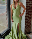 Niulatu Green V Neck Mermaid Satin Long Prom Dresses Formal Evening Dress with Slits HZ1031